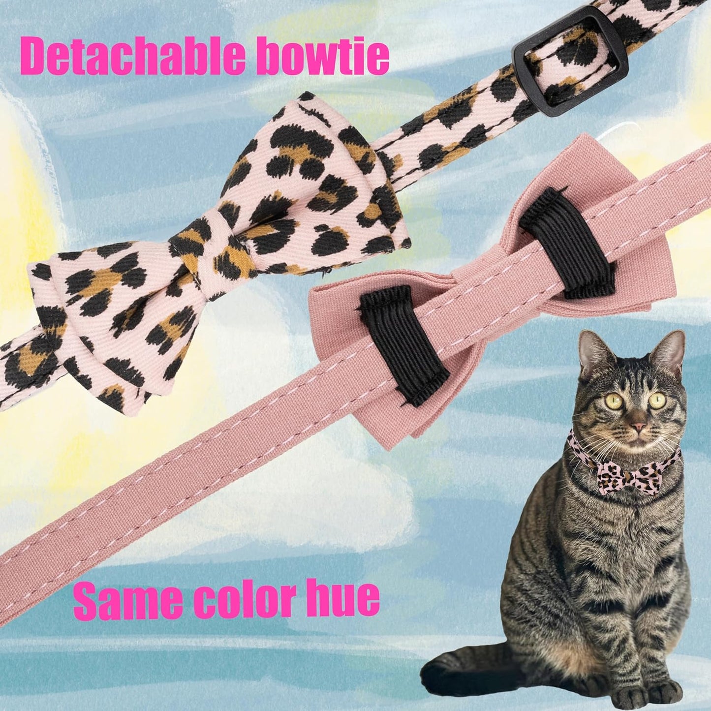 Chic Breakaway Cat Collars with Bells & Bowties - 2 Pack in Pink Leopard & Pure for Your Fashion-Forward Feline! 🐾💖
