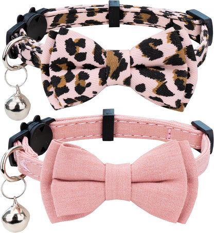 Chic Breakaway Cat Collars with Bells & Bowties - 2 Pack in Pink Leopard & Pure for Your Fashion-Forward Feline! 🐾💖