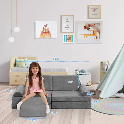 9PCS Play Couch Sofa for Kids Convertible Creative Toddler Sofa Imaginative Gray