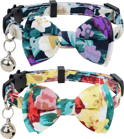 Chic Breakaway Cat Collars with Bells & Bowties - 2 Pack in Pink Leopard & Pure for Your Fashion-Forward Feline! 🐾💖