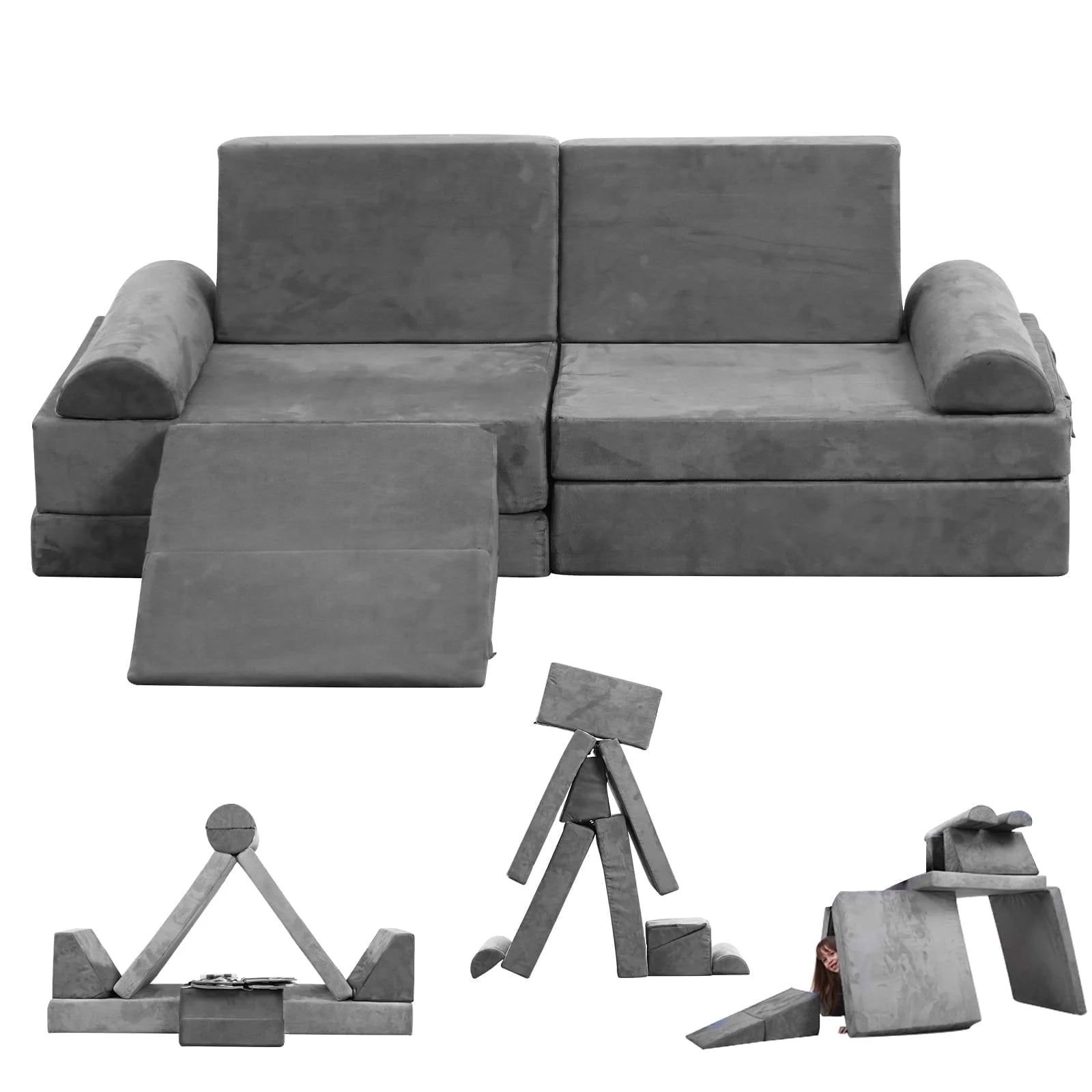 9PCS Play Couch Sofa for Kids Convertible Creative Toddler Sofa Imaginative Gray