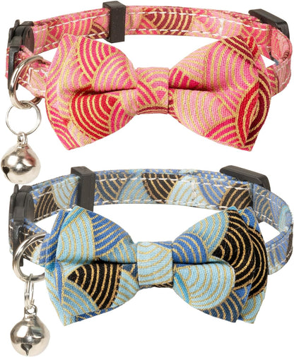 Chic Breakaway Cat Collars with Bells & Bowties - 2 Pack in Pink Leopard & Pure for Your Fashion-Forward Feline! 🐾💖