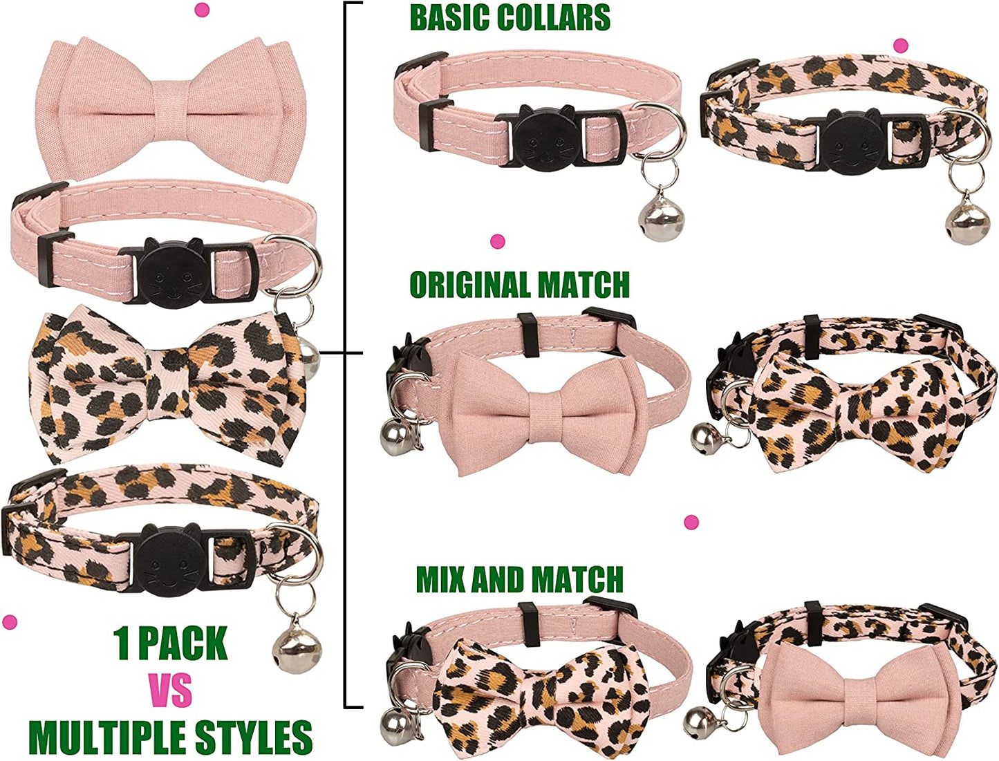 Chic Breakaway Cat Collars with Bells & Bowties - 2 Pack in Pink Leopard & Pure for Your Fashion-Forward Feline! 🐾💖