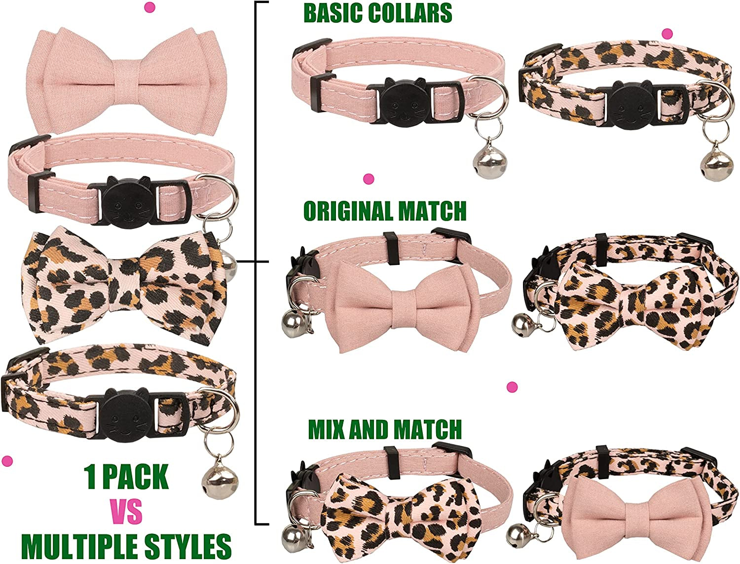 Chic Breakaway Cat Collars with Bells & Bowties - 2 Pack in Pink Leopard & Pure for Your Fashion-Forward Feline! 🐾💖