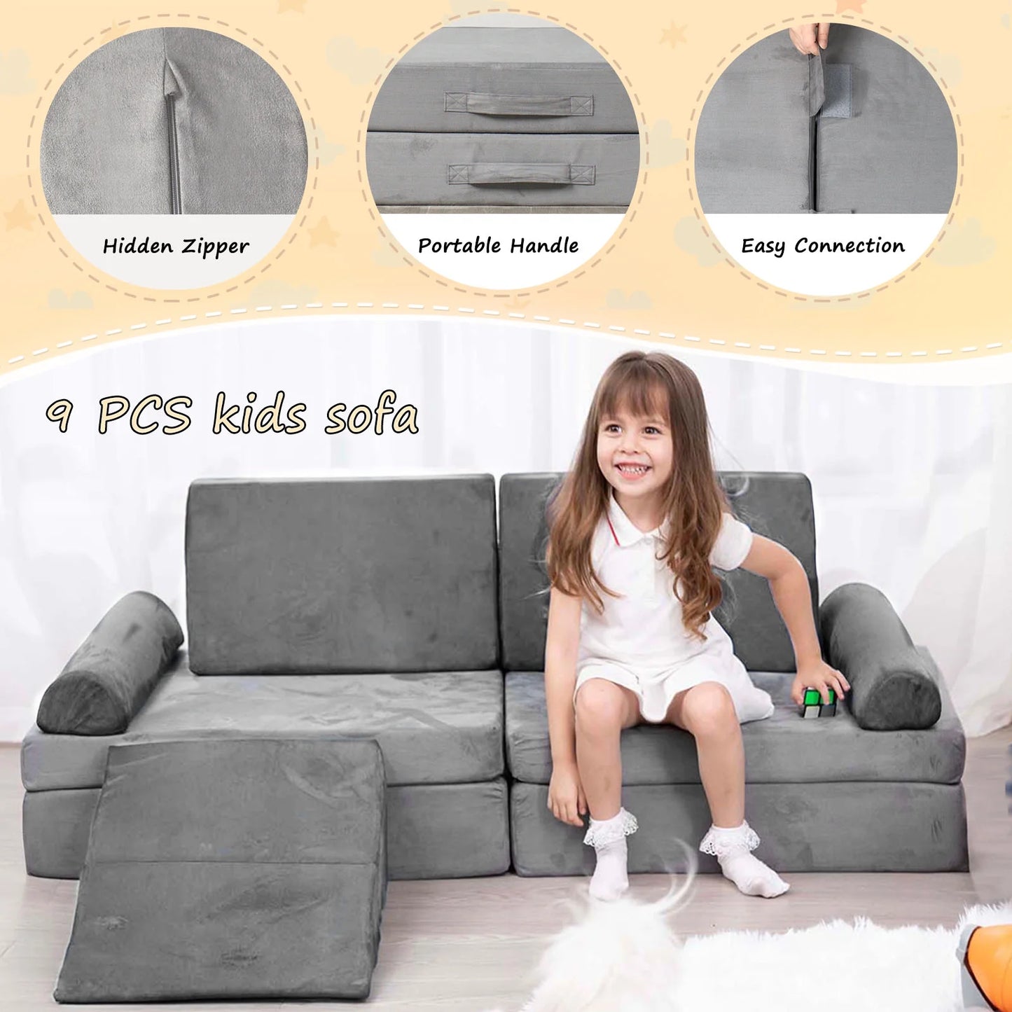 9PCS Play Couch Sofa for Kids Convertible Creative Toddler Sofa Imaginative Gray