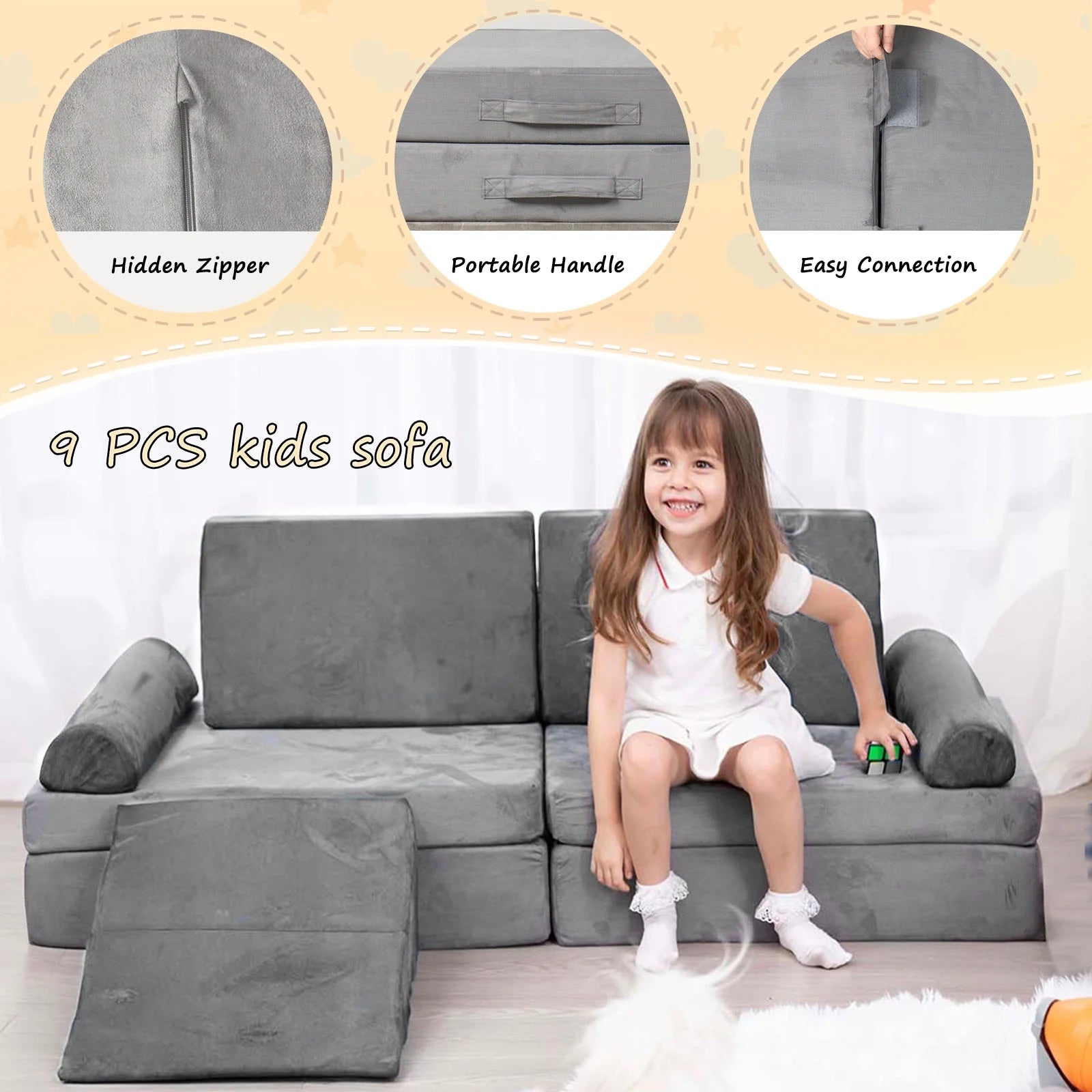 9PCS Play Couch Sofa for Kids Convertible Creative Toddler Sofa Imaginative Gray