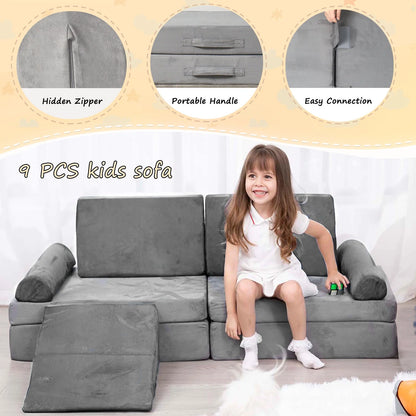 9PCS Play Couch Sofa for Kids Convertible Creative Toddler Sofa Imaginative Gray
