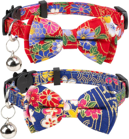 Chic Breakaway Cat Collars with Bells & Bowties - 2 Pack in Pink Leopard & Pure for Your Fashion-Forward Feline! 🐾💖